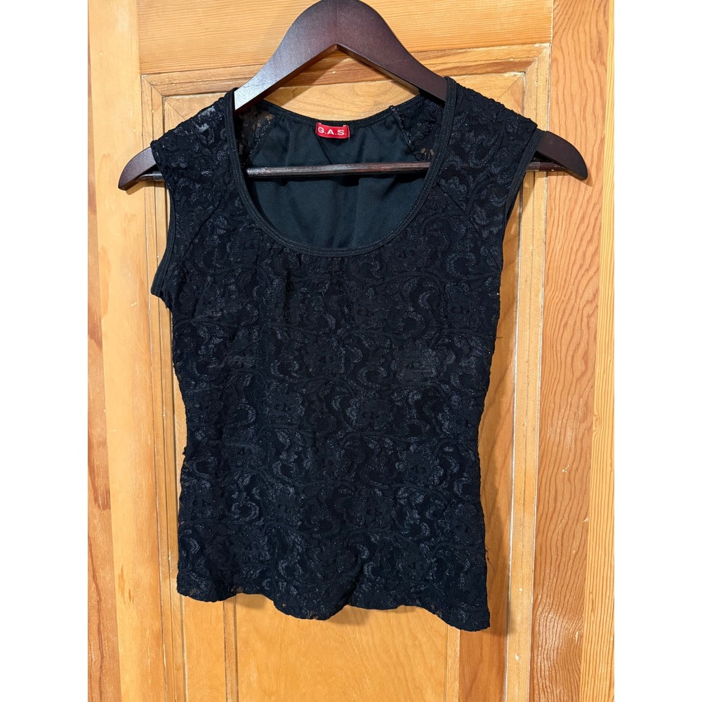 Y2K G.A.S. Womens Black Floral Lace Sleeveless Scoop Neck Lined Blouse Top